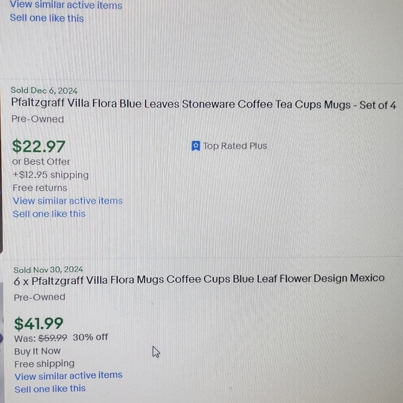 NWOT PFALTZGRAFF Villa Flora Blue Leaves Stoneware Coffee Mugs Set of 4 - Picture 9 of 12